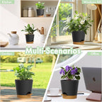 7/6.5/6/5.5/5/4 inch Self Watering Pots for Indoor Outdoor Plants, 6 Pack Plastic Flower Planters with Drainage Holes and Removable Saucers, Plant Pots with Wicking Rope, Black Brown