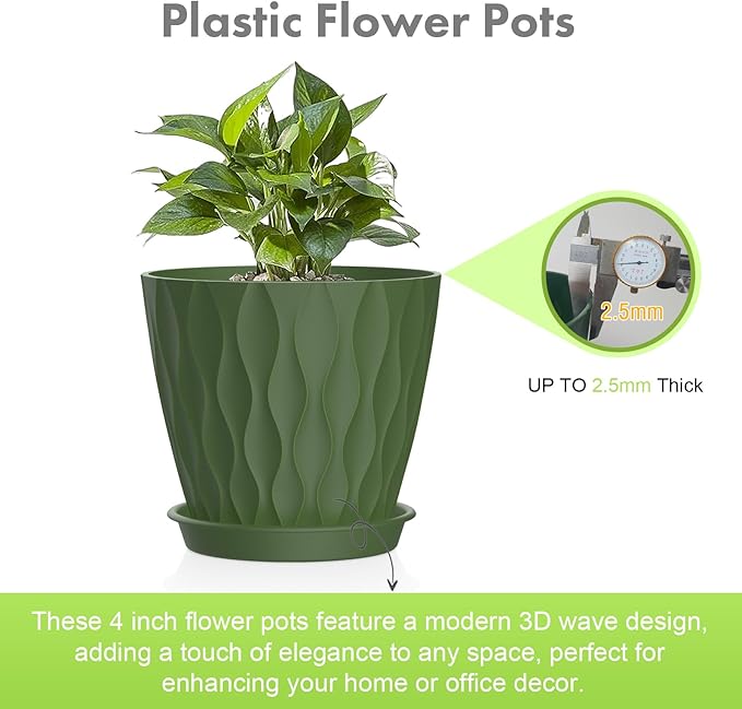 Meowell 4 inch Small Plastic Nursery Pots, Seedling Pots, 5 Set Water Ripples Plant Pots for Indoor Plants, Flower Pots with Drainage Holes and Saucers, Seed Starter Pots for Succulent, Colorful