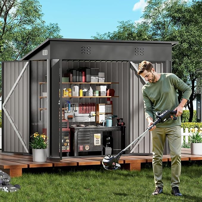 COMHOMA Shed Outdoor Storage Shed Metal,Lockable Doors Tool Sheds with Sloping Roof,Steel Garden Shed with Air Vent for Backyard,Patio,Lawn,Poolside(Grey,8'*4')