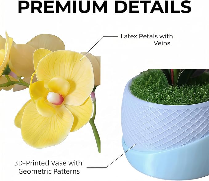 Artificial Orchid with 3D Printed Vase, Lifelike Fake Phalaenopsis Orchid Flowers, Realistic Silk Orchids for Home Decor Living Room (Yellow)