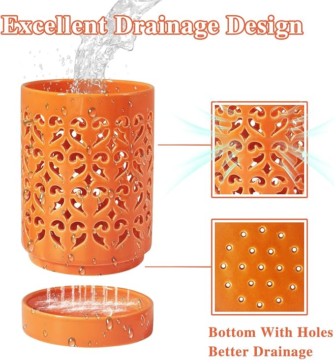 2 Pack Orchid Pots with Holes 4 Inch, Ceramic Orchid Pot for Repotting with Saucers,More Ventilation Hole Easy Breathing, Plant Pot for Repotting Orchids and Other Flowers