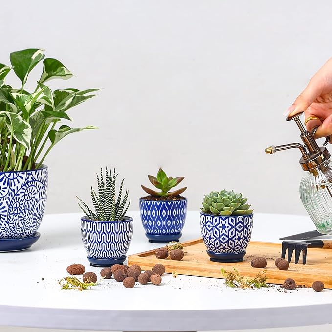 Selamica Ceramic 2.4 Inch Succulent Pots, Mini Succulent Planter Pot for Cactus Plant with Drainage Holes & Saucers, Home Decor, Set of 6, Vintage Blue