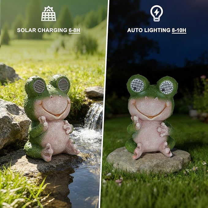 Solar Frog Garden Statue with Rotating LED Eyes Waterproof Resin Outdoor Decor, Auto On/Off Landscape Lighting for Garden, Yard, Pathway, Fence, Patio - Unique Gifts for Women, Mom, Grandma