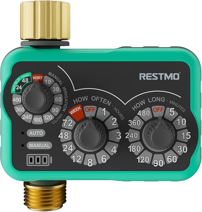 RESTMO 3-Dial Analog Sprinkler Timer with Brass Inlet & Outlet, Mechnical Water Timer for Garden Hose with Manual/Rain Delay, Automatic Drip Irrigation System, 480 Minutes Max Watering, Easy to Set Up