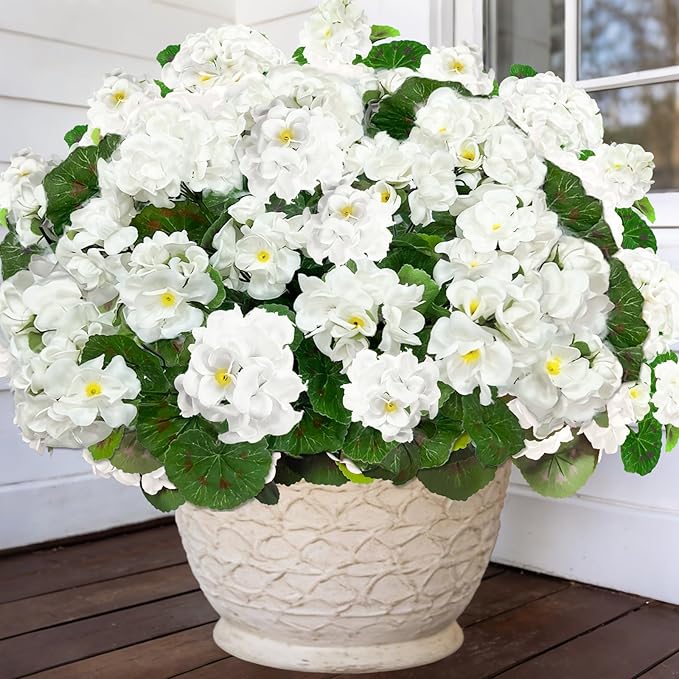 TURNMEON Artificial Geraniums Flowers for Outdoors Summer Decoration, 4 Bundles Fake Flowers Silk White Flowers UV Resistant No Fade Faux Plants for Planter Gardens Table Porch Indoor Cemetery Decor