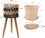 KGPLOME Single Indoor Plant Stand with Planter Pot,10 inch Bohemian Wood Planter Holder for Living Room Bedroom Decor Modern Home Decor (1, Beige Black)
