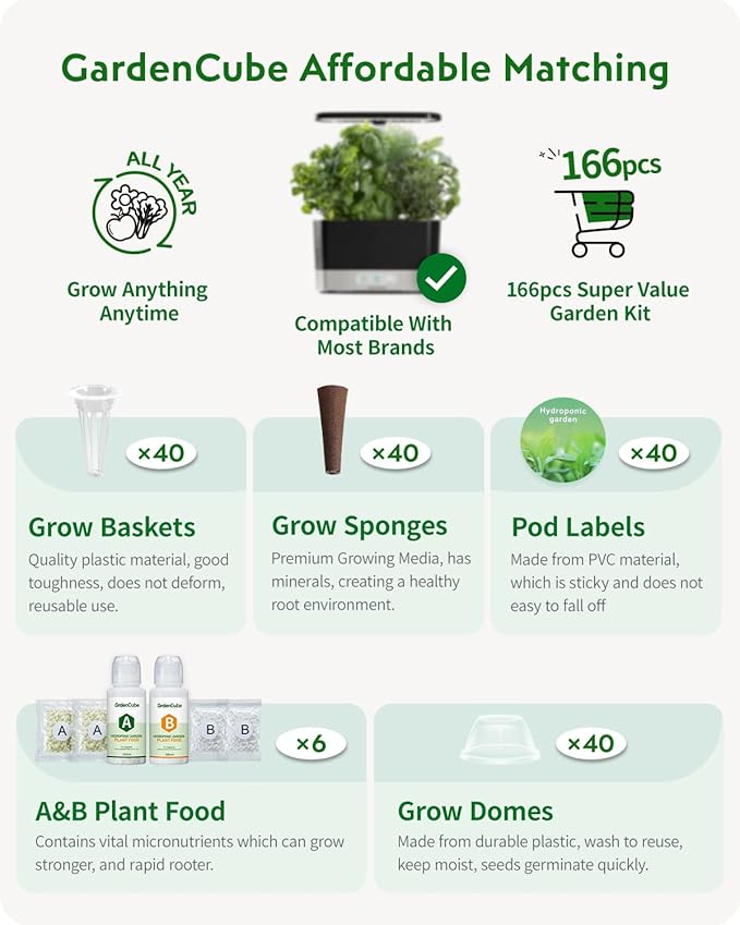 GARDENCUBE 166pcs Hydroponic Pods Kit: Compatible with Aerogarden Grow Anything Herb Kits - Includes Grow Sponges Grow Baskets Grow Domes Labels A&B Plant Food - Hydroponics Supplies for Most Brand