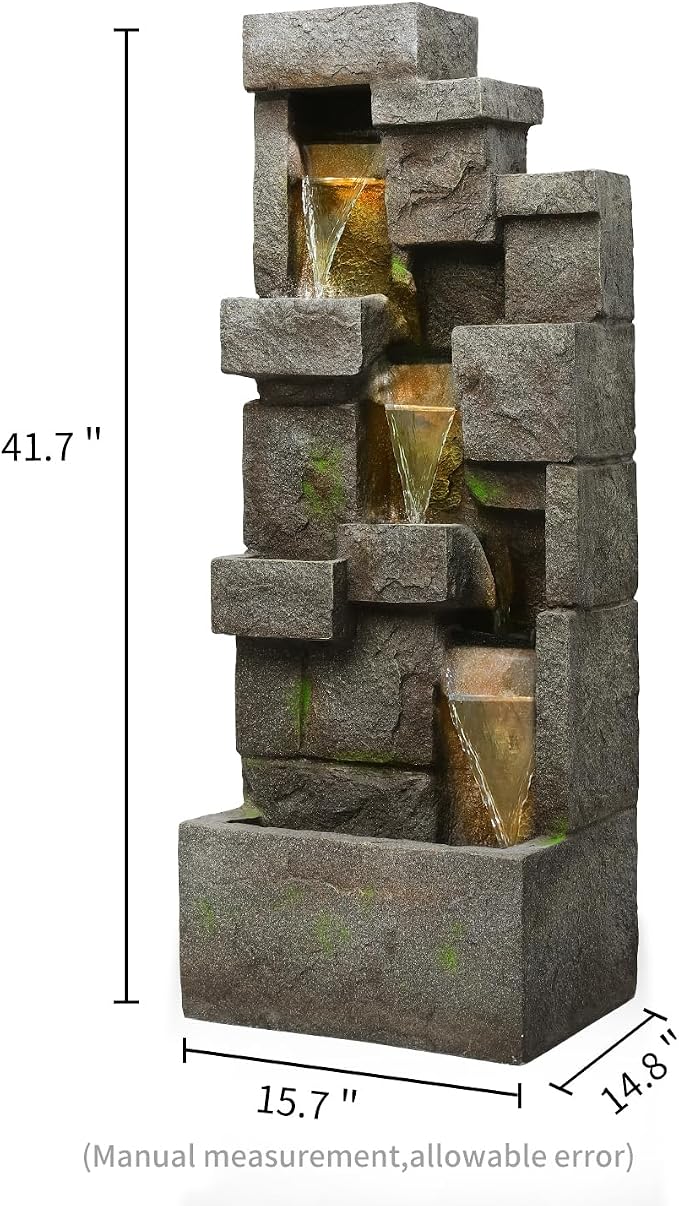 41.7" Outdoor Water Fountains 3 Tier Modern Floor-Standing Fountain with LED Lights and Pump Outdoor Rock Waterfall Fountain for Garden, Yard, Porch, Patio, Home Decor, Yellow