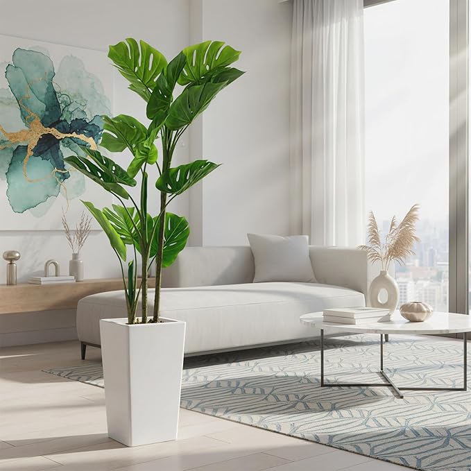 4.5FT Artificial Monstera Plant in White Tall Planter, Mini Fake Swiss Cheese Plant, Decorative Evergreen Tropical Floor Tree for Living Room Entryway Porch Office