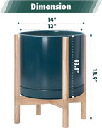 D'vine Dev Ceramic Planter with Natural Stand - 14 Inch Modern Round Flower Pot with Wood Planter Holder, Teal, 55-B-R-4