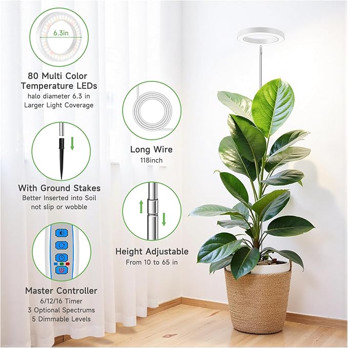 Grow Light, 80 LEDs Full Spectrum Plant Light for Indoor Plants, Height Adjustable 10"-65" Growing Lamp with Auto Timer for 6/12/16Hrs,3 Optional Spectrums,5 Brightness, 1 Pack