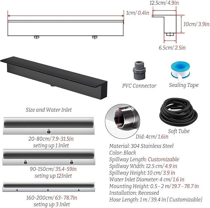 49.2in Stainless Steel Waterfall Spillway for Fish Pond Fountains & Pool Waterfalls, Durable Outdoor Water Feature with PVC Connector, Elegant Black Finish