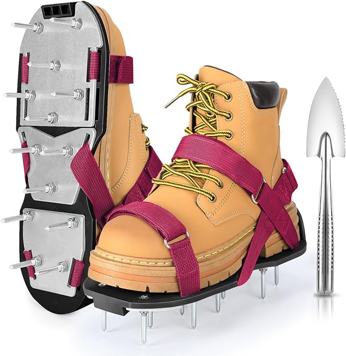 Lawn Aerator Shoes for Grass - Pre-Assembled Grass Aerator Shoes for Lawn - Soil Yard Aerator Tool for Aerating Patio Garden, Red, Medium Size