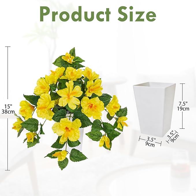 Briful Artificial Hanging Hibiscus Flowers Potted Plant – Faux Tropical Hibiscus with Silk Petals & Lush Leaves – White Square Pot – Yellow Fake Flower for Indoor Outdoor Porch Patio Decor