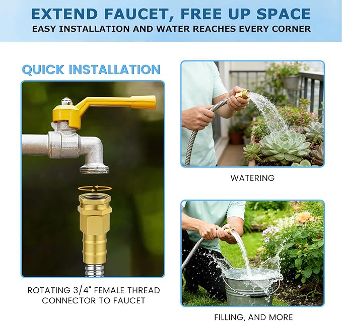 Short Stainless Steel Metal Garden Hose 5 ft, 3/4" Female to Male Solid Brass Connector, Small Leader Hose for Hose Reel, Durable, Flexible, Lightweight, Outdoor Water Hose Extension Adapter