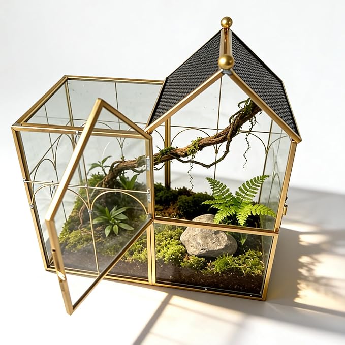 Ready-to-Use Glass Terrarium with Vents - 8.66"x4.72"x8.46" House-Shaped Jumping Spider Enclosure, Habitat for Praying Mantis, Snails, Insect or Succulent Plants - Home Garden Tabletop Decor