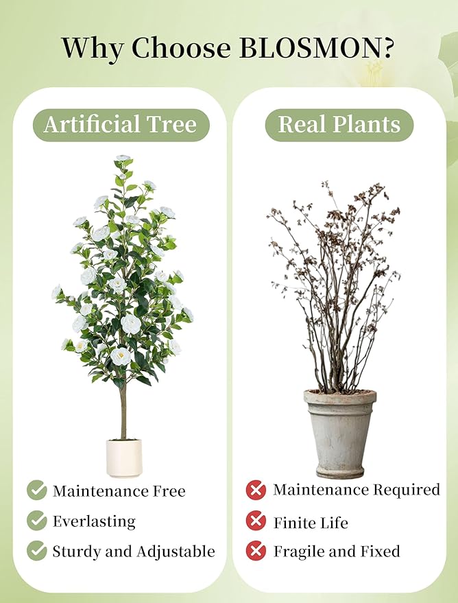 BLOSMON Artificial Trees for Home Decor: Indoor 4.9ft Tall Fake Plants Outdoor Camellia Flowers Tree for Front Porch - Faux White Rose Plant with Pot for Living Room Door Patio Deck Yard