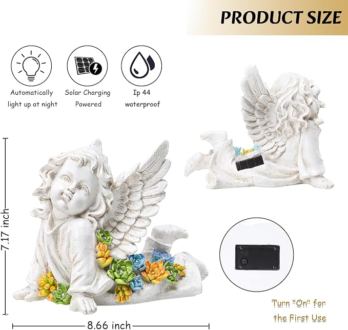 Solar Cherub Angel Outdoor Garden Decor Statues - 7 inches Baby Angel Figurines Outdoor Sculptures with Succulent, Garden Statues for Outside, Patio, Balcony, Lawn Ornaments or Housewarming Gift