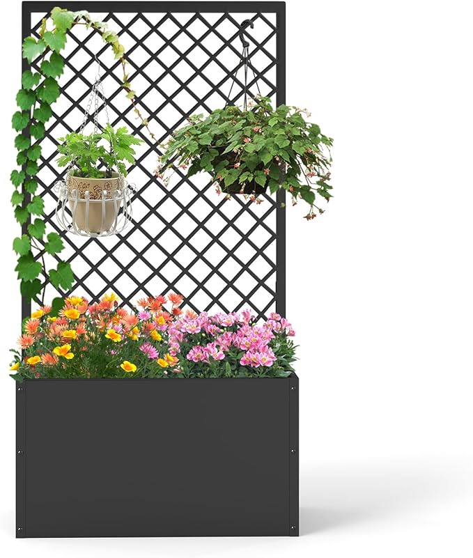 kinbor Planter with Trellis - Metal Planter Boxes Outdoor, Raised Garden Bed with Lattice Trellis for Climbing Plants, Black Flower Boxes Outdoor