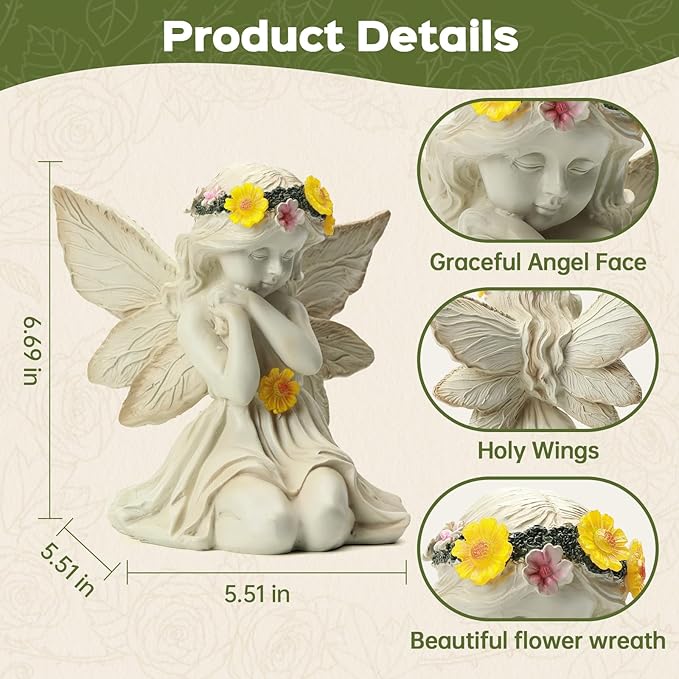 Solar Angel Garden Statue Outdoor Decor, Angel Figurines with Garland Flower Light, Cemetery Decoration for Grave, Yard, Patio, Balcony, House Warming Birthday Gifts for Women, Mom, Grandma
