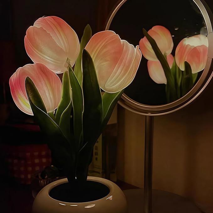 Tulip Flower Table Lamp Pink LED Desk Night Light with Vase, Artificial Flower Decor for Bedroom, Living Room, Elegant Centerpiece for Wedding Birthday Party, Home Decor Gift