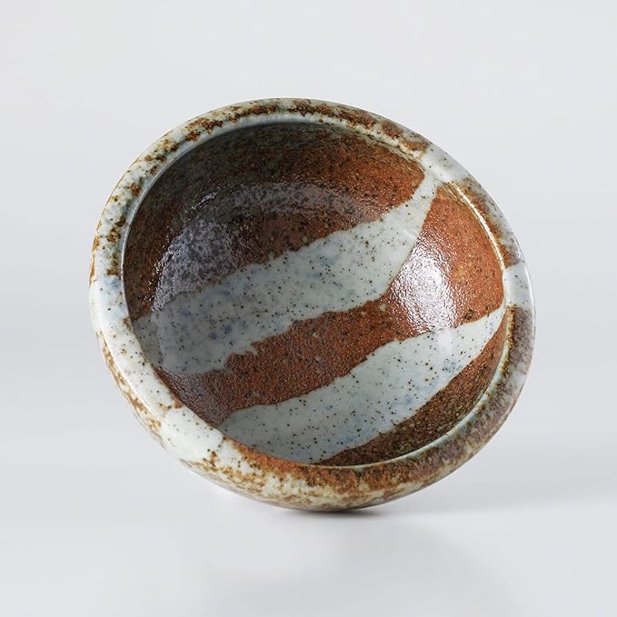 Wazakura Minoyaki Series Small Round Glazed Ikebana Flower Vase Made in Japan, Handpainted Floral Arrangement Pottery Supplies (White Stripe and Terracotta)