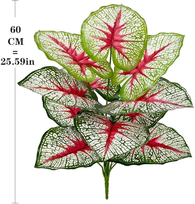 Artificial Caladium Plant with Red and Green Leaves, Red Leaf Artificial Plants Decoration Simulated Bonsai Potted Decor Home Room Party Wedding Office Floor (White(No Flowerpot), 60cm)