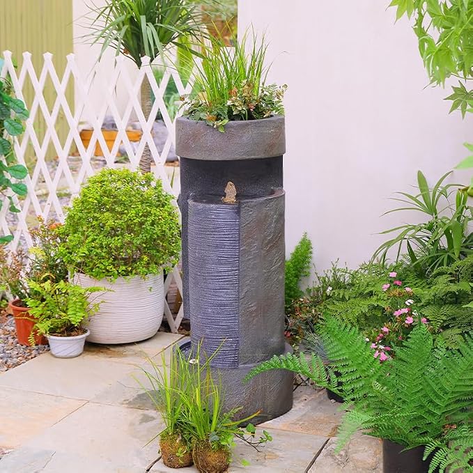 35.9" Tall Modern Indoor/Outdoor Water Fountain with LED Lights and Pump, Freestanding Cascading Waterfall Feature for Garden, Patio, Porch, Yard & Deck Décor – Gray