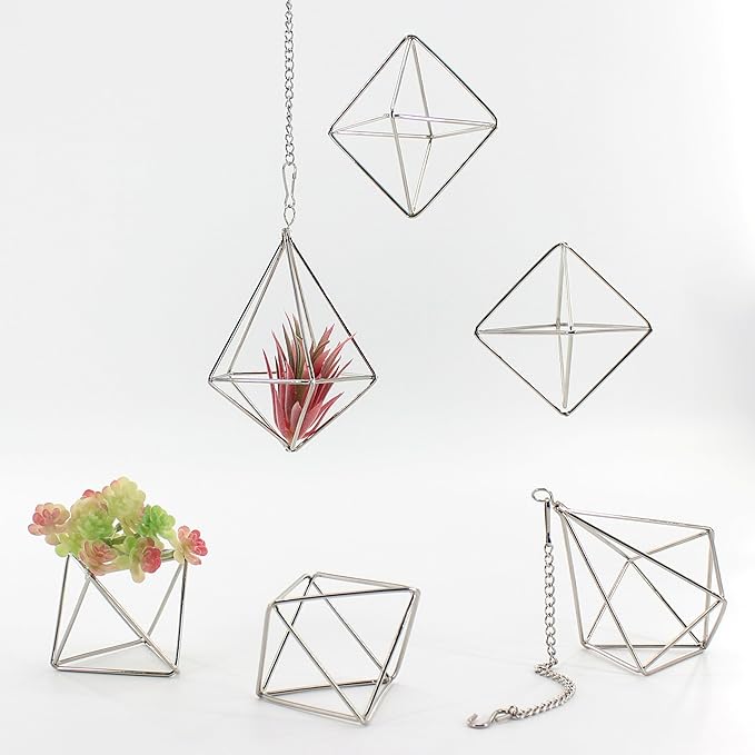 Geometric Silver Iron Air Plant Hangers and Stands Set - 2 Hanging with Chains + 4 Tabletop Holders for Tillandsia, Succulents, Modern Home Decor, Wall or Desk Display