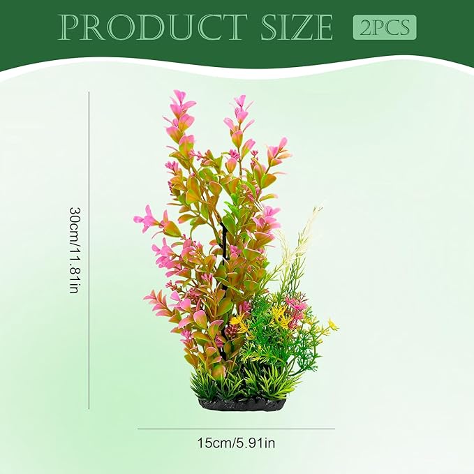 Aquarium Plants (2-Pack) Artificial Plastic Fish Fish Habitat Decor, Small to Moderate Size Aquarium Decorations, Safe Green Plants for Freshwater Tanks (Pink & Green Gradient)
