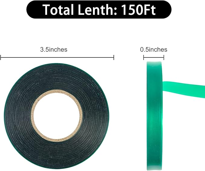 Unves 2 Pack Garden Tape Roll, 150 Ft Thick Reusable Green Plant Ties Nursery Tapes, 1/2" Wide Stretch Ties Tape Tomato Plant Support for Indoor Outdoor Patio Furit Tree, Climbing Flowers, Vegetables