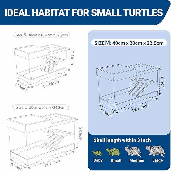 GOZILLA Turtle Tank, Upgrade PC Turtle Tank Starter Kit, Reptile Habitat with Lid, Basking Platform, Bottom Drainage for Turtles, Crabs, Shrimps and Other Small Reptiles. (15.75x7.9x9''/White)