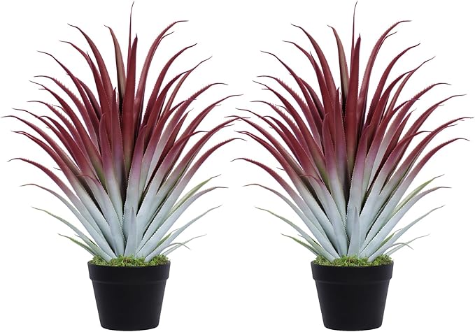 2ft Fake Spiked Agave Plant - Red Artificial Aloe Vera Plant 26 Inch - Tall Large Faux Floor Plants Perfect for Porch Door Step Home Office Patio Indoor Outdoor Decor (2 Pack)