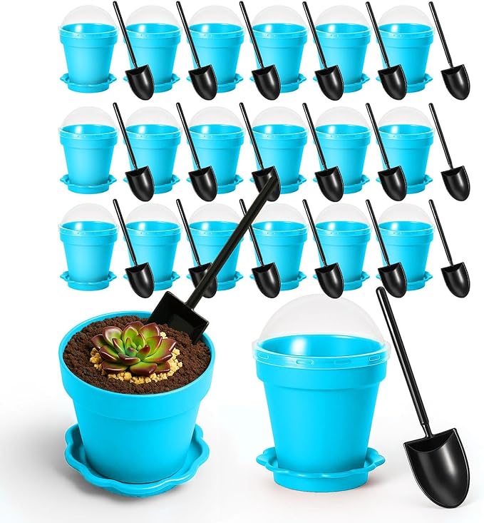 20 Pcs Nursery Pots with Humidity Dome, Cupcake Plant Nursery Pots with Bring A Plate and Shovel, Planting Cups for Seeds for Indoor Gardening and Plant Propagation(Blue)