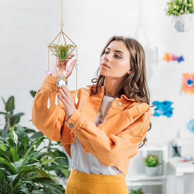 Yookeer 3 Pcs Hanging Air Plant Holder Rustic Style Air Plant Rack Hanger with Crystal Pendant and Chain Golden Geometric Metal Wall Window Display for Home Festival Wedding Decor, 3 Styles