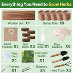 5 Herb Garden Planter Indoor with Wooden Box, Home Kitchen Seed Starter Kit Including Dill, Cilantro, Oregano, Sage, Chives, Birthday, Mothers Day, House Warming, Gardening Gifts for Women, Mom