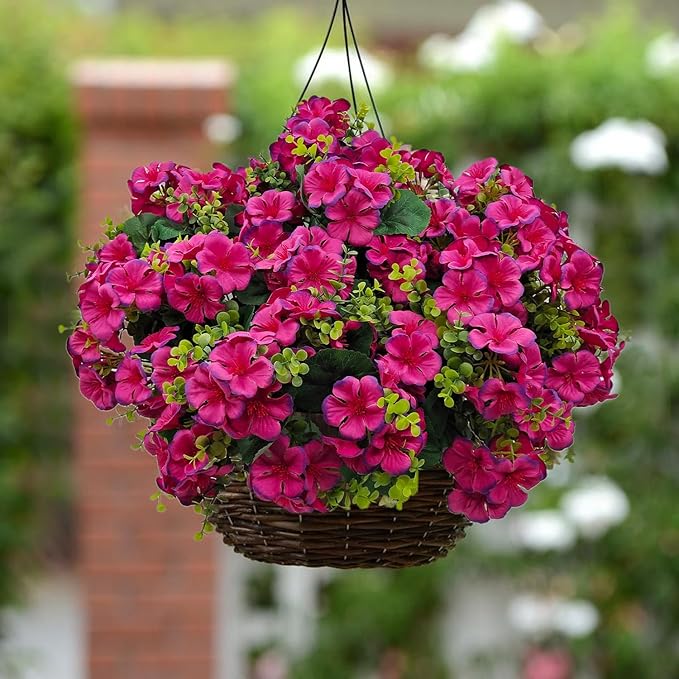 Artificial Geranium Flowers for Outdoor Decoration, 6 Bundles UV Resistant Silk Geranium Fake Plants Faux Flowers for Front Porch Garden Patio Window Box Outside Indoor Decor (Purplish Red)