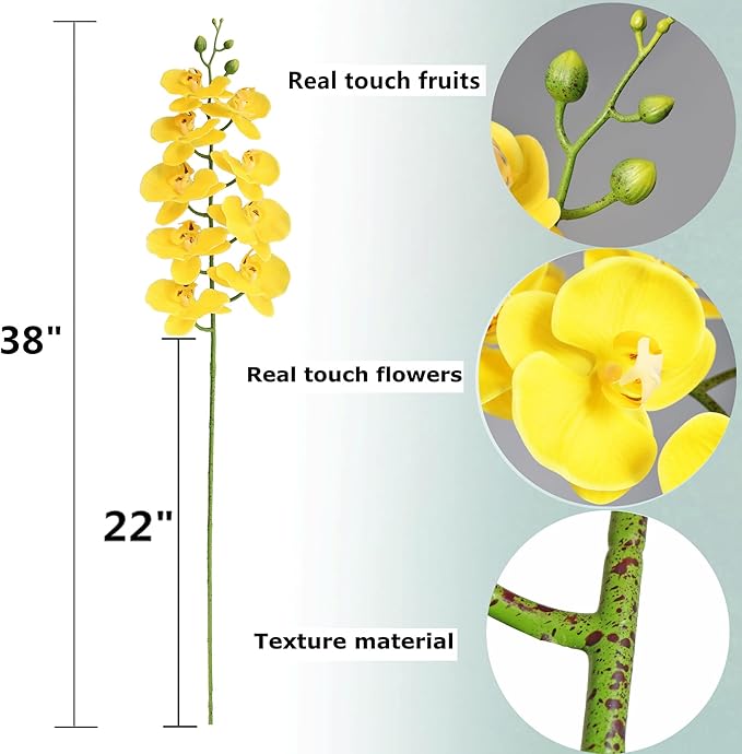 Htmeing 38 Inch Artificial Phalaenopsis Flowers Branches Real Touch (Not Silk) Orchids Flowers for Home Office Wedding Decoration,Pack of 2 (Yellow)