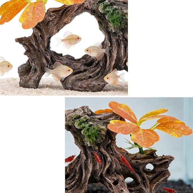 Fish Tank Decoration Aquarium Ornament with Silk Leaf Plants and Artificial Driftwood Cave Hideout Safe for Betta Fish