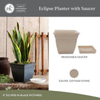 The HC Companies 12 Inch Eclipse Square Planter Pots w/Drainage Holes & Attached Saucer, Lightweight UV-Resistant Plastic Indoor Outdoor Planters, 2-Pack Flower Pots, Garden Home Decor, Cottage Stone