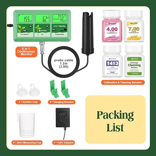 pH EC Continuous Monitor for Hydroponic, 6 in 1 WiFi EC PPM CF pH Meter, Digital pH TDS Temp Humidity Conductivity Monitor for DWC Hydroponic System, Aeroponic Gardening, Aquaponic
