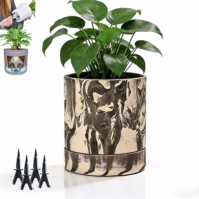 GreenShip 13.7″ Cylinder Planters with Drainage Hole and Planter Saucer, Jun Porcelain Clay & Recycled Resin, Decorate Home,Office & Outdoor
