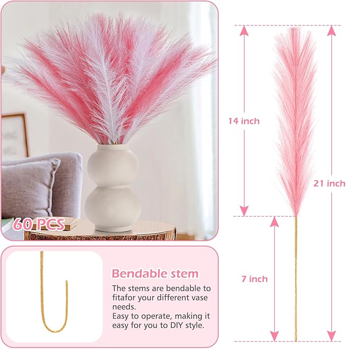 SeptCat 60 Pcs Pampas Grass Decor 21.7" Fluffy Faux Short Pink White Pampas Grass Artificial Small Pompas Grass Flower Vase Filler for Home Wedding Decoration
