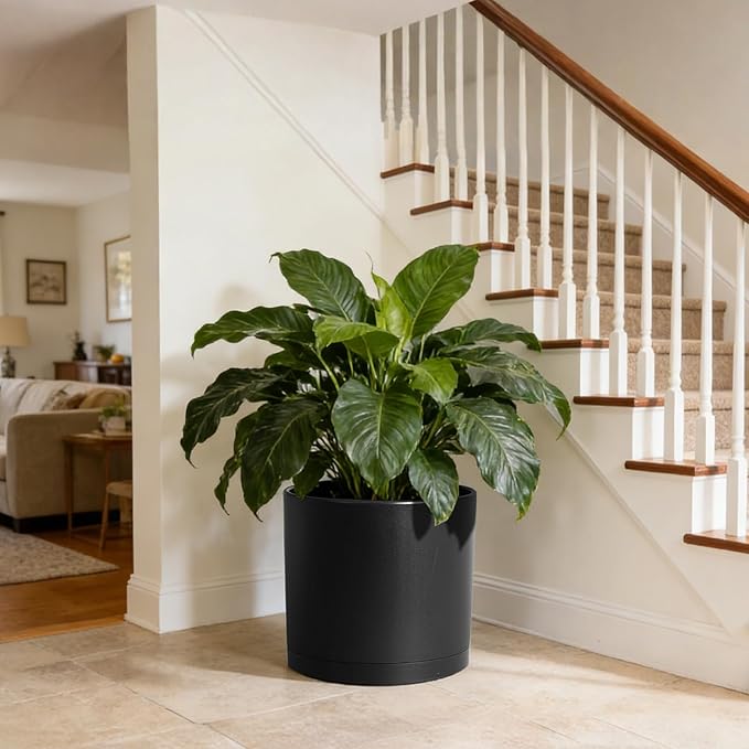 WSMKSZ 14 Inch Heavy-Duty Cylinder Deep Planter for Indoor Outdoor Plants, Tall Large Plastic Plant Pot with Drainage Holes and Saucer, Decorative Flower Pot for Patio Garden, Black