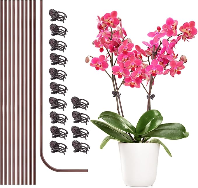 10Pcs Plant Support Stakes with 15pcs Plant Clips,15.7 Inches Bendable Plant Sticks for Indoor and Outdoor Plants,Single Stem Flower Stakes for Phalaenopsis Orchid Flower Roses(Brown)