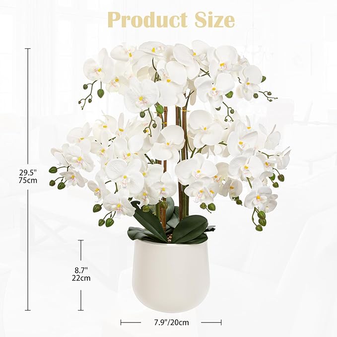 Briful Extra Large White Orchid Artificial Flowers in Cream Resin Pot, 29.5in Lifelike Silk Orchid Arrangement Faux Phalaenopsis Plant for Elegant Home Office Table Centerpiece Décor