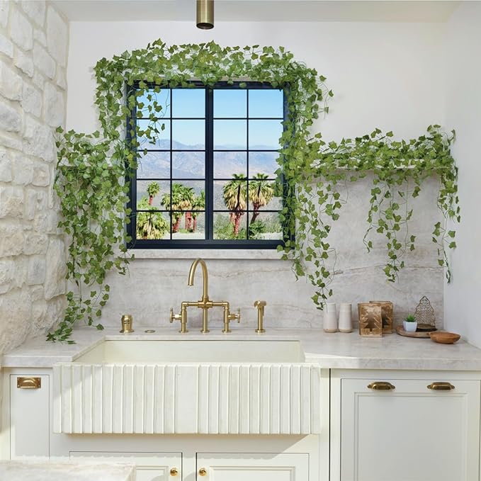 CQURE 48 Pcs 336Ft Artificial Ivy Fake Vines,Ivy Garland Greenery Garland Fake Hanging Plants Vines Green Leaves for Bedroom Wedding Garden Wall Room Decor