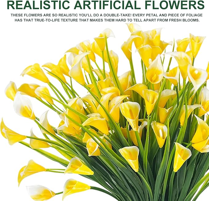 TURNMEON 12 Bundles Calla Lily (240 Heads) Artificial Flowers for Outdoors, Fake Plants UV Resistant Faux Plastic Fake Flowers for Indoor Planter Home Porch Yards Spring Summer Cemetery Decor(Yellow)