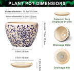 Ceramic Pots for Plants 10 Inch - Indoor Flower Pots with Drainage Hole and Tray, Decorative Pot for Indoor Outdoor Plants, Round Planters, Bathroom Decor, Gifts for Men Women, Retro Blue