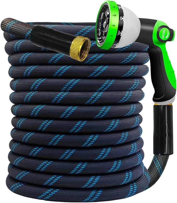 Garden Hose 75 FT, NON-EXPANDABLE Heavy-Duty Flexible & Lightweight Water Hose with 10-Function Nozzle, No-Kink, Leak-Proof Super Fabric, Solid Fittings for Lawn, Car, Outdoor (Black Blue)